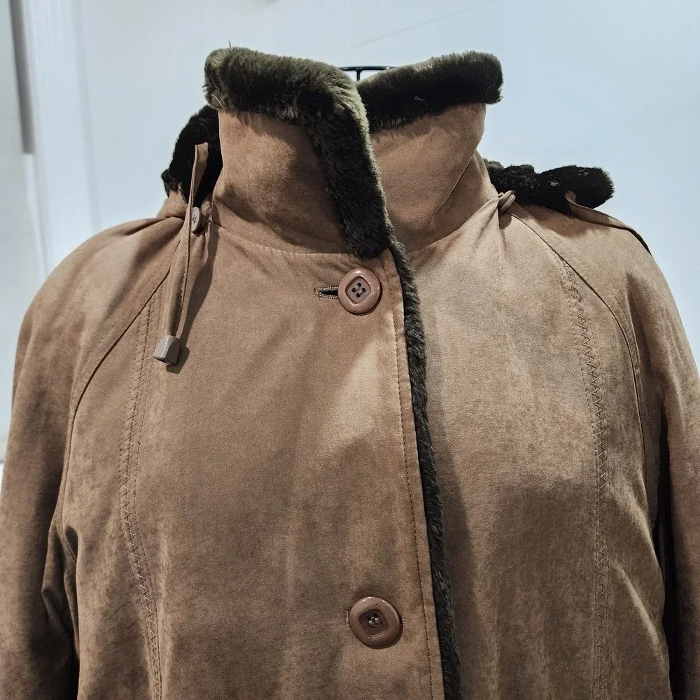 Utex Longline Coat Womens Medium Tan Faux Fur Lined Hooded Winter Warm Trench